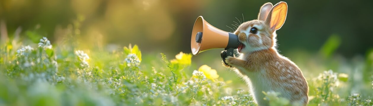 A cute rabbit holds a megaphone in a lush meadow, a humorous take on nature announcements