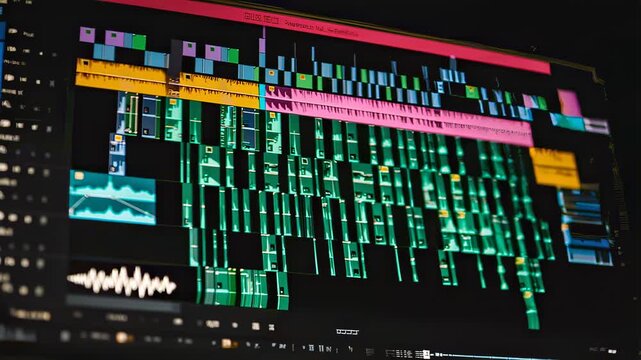 Video editing software timeline on a computer screen showing multiple layers and audio waveforms