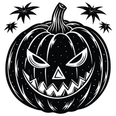 Spooky Halloween pumpkin vector illustration with a scary jack-o'-lantern face isolated on black, perfect for autumn holiday decoration