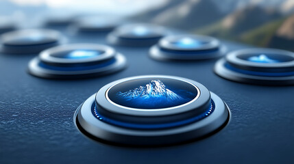 Futuristic Interface with Mountain Range Hologram on Control Button