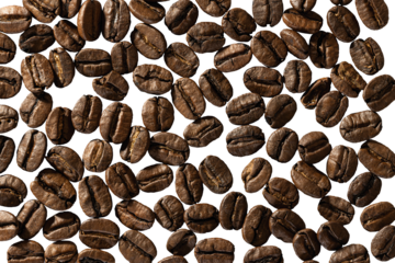 Grains de café bruns vus de dessus, serrés et sans fond, format PNG