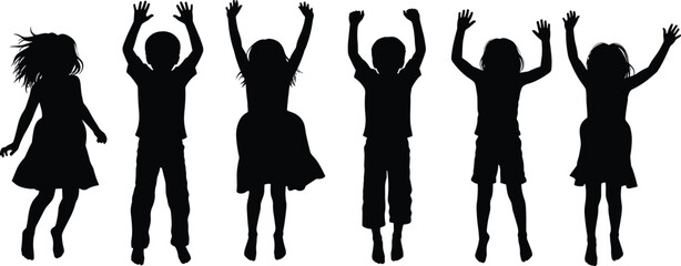 Children jumping silhouette, fun and playful moment, happy childhood, energetic kids, outdoor activity, leaping in unison, youth celebration, joy, vector