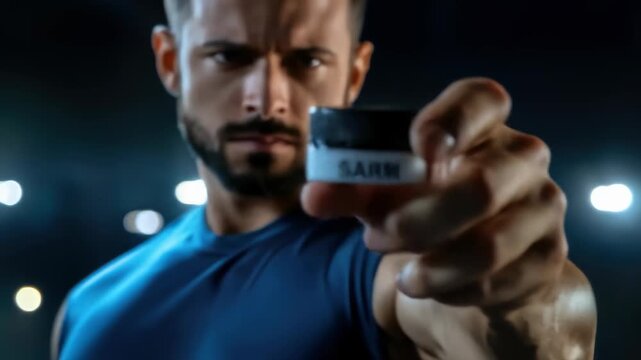 Bodybuilder athlete strength: sarm supplement, muscular form, fitness discipline, performance boost, training regimen, focused grip, toned physique, athletic dedication, sculpted muscle,