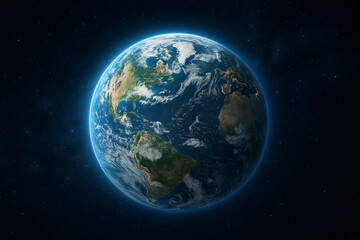 Earth planet in space with continents, oceans, and clouds view from outer space