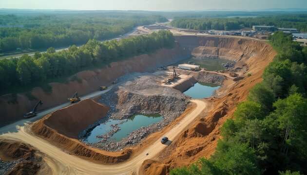 Aerial view of large excavation site featuring heavy machinery engaged in waste management, resource extraction operations. Water bodies visible within quarry, surrounded by forested landscape. Scene