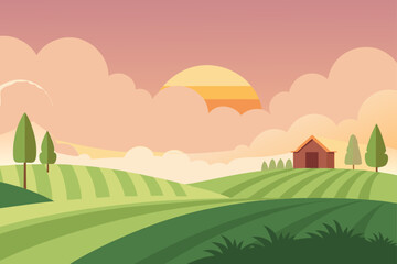 Fototapeta premium A Peaceful Farmland Scene at Dawn with Mist Hovering