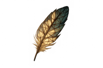 Geometric light brown, teal feather composed of triangular shapes, symbolizing creative freedom against transparent backdrop