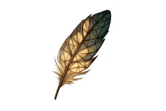 Geometric light brown, teal feather composed of triangular shapes, symbolizing creative freedom against transparent backdrop