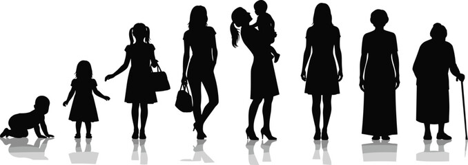 Female life stages silhouette, baby to elderly woman, generational growth, aging timeline, motherhood, human development, family journey, vector illustration