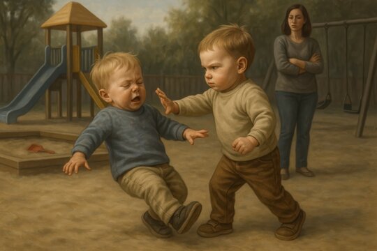 One toddler pushes another on a playground while the mother watches indifferently. The scene highlights childhood aggression and adult neglect. Emotional and social awareness concept