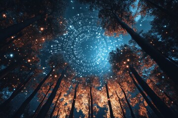 Binary code processing among the trees during a starry night, Binary code and circular data processing over night sky with trees