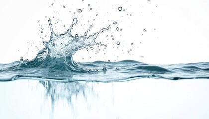 Dynamic water splash frozen mid-air, with numerous droplets scattering from powerful burst. Liquid forms waves, ripples, isolated on clean white background, emphasizing purity, motion, refreshment.