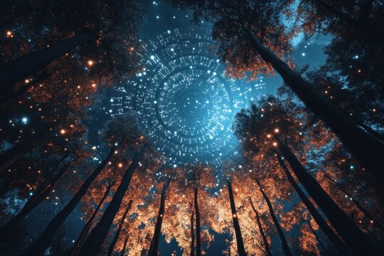 Binary code processing among the trees during a starry night, Binary code and circular data processing over night sky with trees