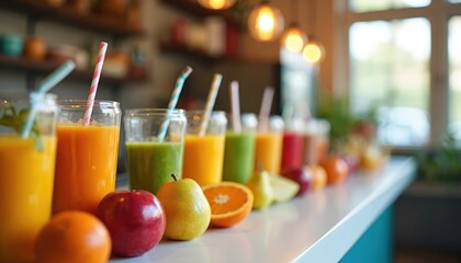 Vibrant cafe counter displaying colorful fresh fruit juices, smoothies. Varieties include orange, green, red blends, served in glasses with straws. Features include healthy ingredients, organic