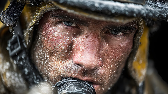 Portrait of a firefighter in equipment. Firemen using water from hose for fire fighting.