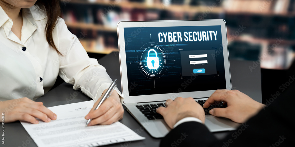Poster cyber security system on computer screen protect private information brisk from hacker and cyber att