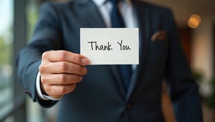 Businessman in suit holds handwritten note saying Thank. Gesture of appreciation, gratitude, courtesy shown. Formal communication via card with written message. Business, corporate, professional