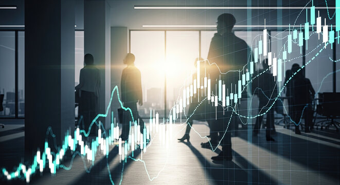 Business Growth and Success: Team Walking in Modern Office with Financial Chart Overlay. Investment, Stock Market, and Corporate Strategy Concept