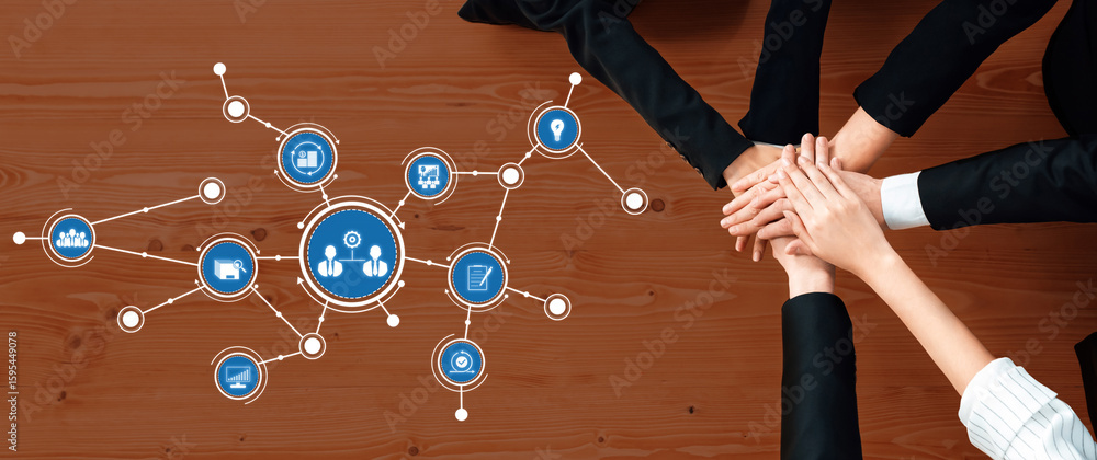 Aufkleber a diverse business team joins hands in a display of unity and collaboration on a wooden table. digit