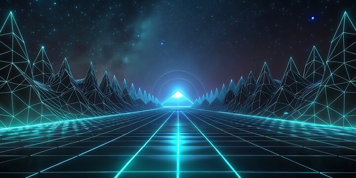 A glowing blue grid road leads towards a bright light in a futuristic digital landscape.