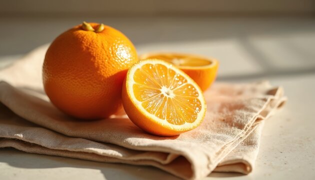 Juicy orange halves and whole orange rest on folded beige linen napkin. Sunlight highlights fruit texture and vibrant color. Fresh citrus refreshment, natural food photography for healthy eating.