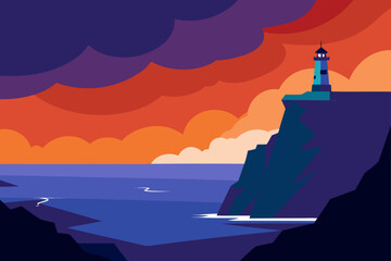 Ocean Cliffs With Lighthouse During Sunset Storm