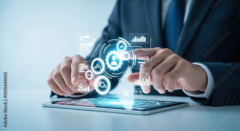 Poster businessman using tablet with futuristic interface: data analysis, ai, and digital transformation fo