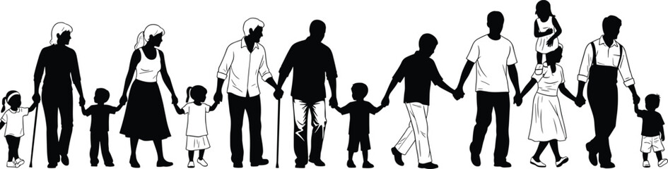 Silhouette of diverse family generations holding hands, unity illustration, multigenerational bond, heritage concept, love, community, support, vector design