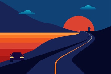 Rolling Coastal Road At Sunset With Car Lights