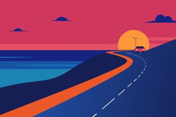 Rolling Coastal Road At Sunset With Car Lights