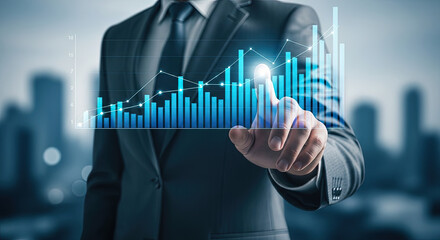 Businessman Analyzing Financial Data with Interactive Chart, Touching Screen for Business Growth, Investment Strategy and Market Analysis Concept