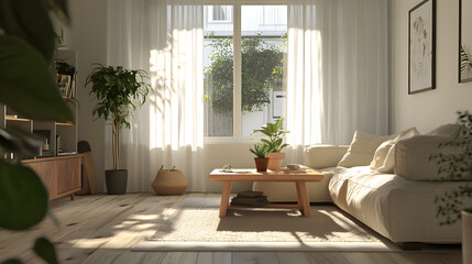 Fototapeta premium Sun-Drenched Modern Living Room, Natural Light & Warm Tones