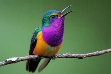 Obraz premium Colorful wild bird sings joyfully on a branch in a lush green environment, wild colorful bird sings sitting on a branch
