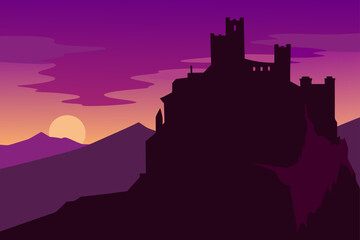 Fototapeta premium Silhouetted Castle Ruins On Cliff During Dusk