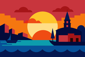 Sunset Above A Colorful European Harbor