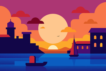 Sunset Above A Colorful European Harbor