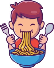 cute cartoon illustration of a child happily eating ramen noodles from a bowl with a fork and spoon
