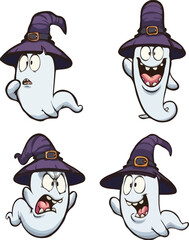 a collection of Halloween-themed cartoon ghosts, each wearing a purple witch hat and displaying different expressions