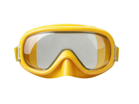 Close-up essential yellow goggles for underwater diving adventures. Isolated on transparent background, png.