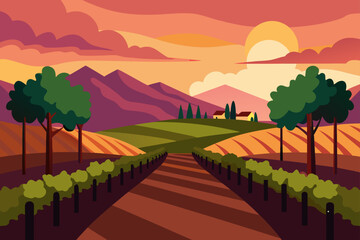 Tranquil Vineyard With Warm Sunset Glow