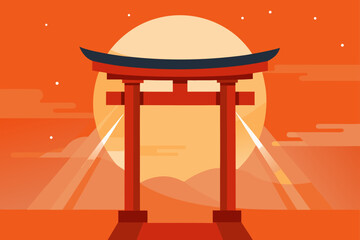 Warm Light Behind Snowy Japanese Torii Gate
