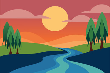 Watercolor Scene Of Riverbank With Willow Trees And Reflections