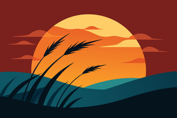 Watercolor Style Sunset Behind Windblown Grass