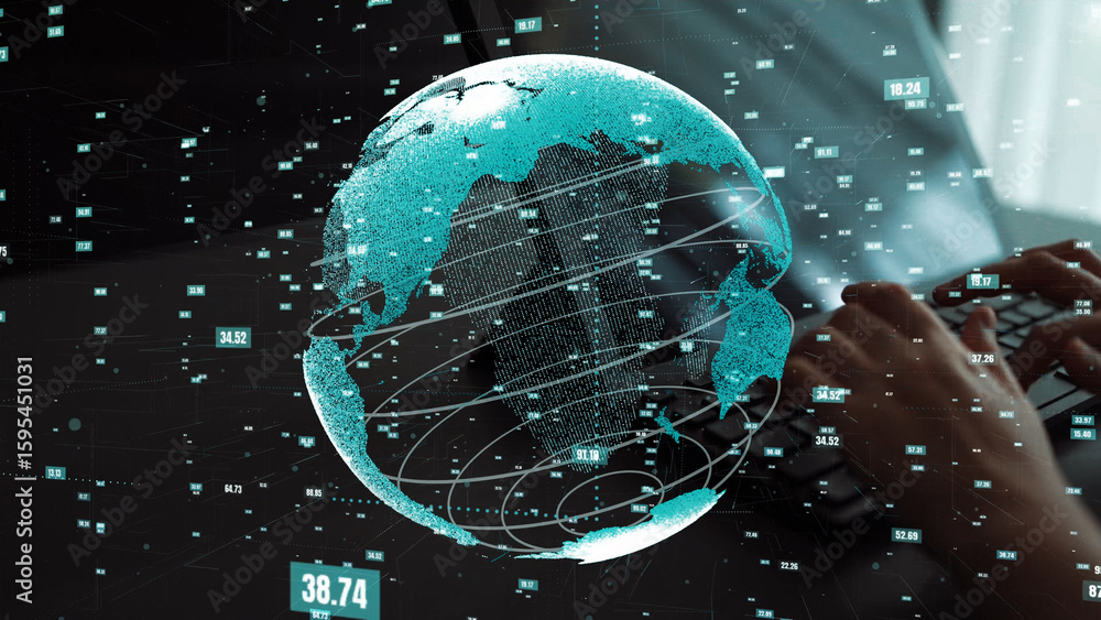 Poster this image showcases a digital representation of the earth surrounded by data points, symbolizing mo