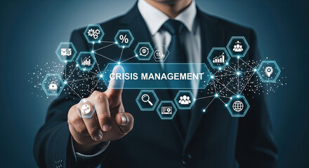 Crisis Management Strategy: Businessman Navigating Challenges with Innovative Solutions and Technology for Business Growth and Stability - Stock Image