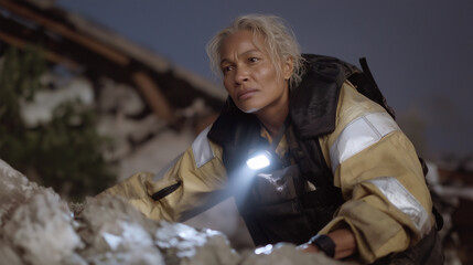 Fototapeta premium A rescue responder navigating a flood disaster zone with flashlight