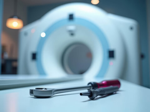 Maintenance technique d&rsquo;un appareil IRM dans une salle d&rsquo;imagerie m&eacute;dicale &agrave; haute technologie moderne
