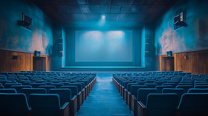 Naklejka premium Empty Vintage Movie Theater with Blue Lighting and Rows of Seats
