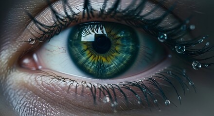Close Up Green Blue Eye with Water Droplets in Natural Light for Medical or Beauty Themes