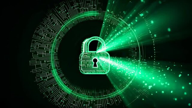 Digital security concept Glowing green padlock with binary code and circuit patterns on a dark background